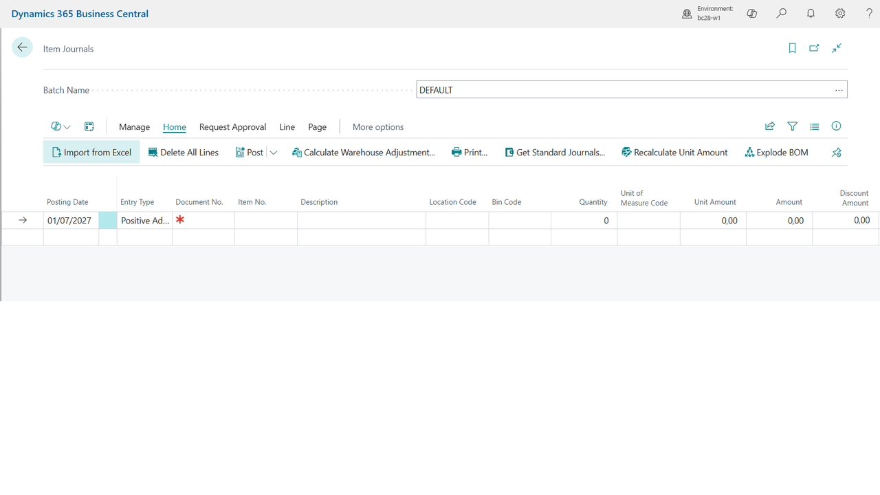 The Import from Excel action on the item journal.