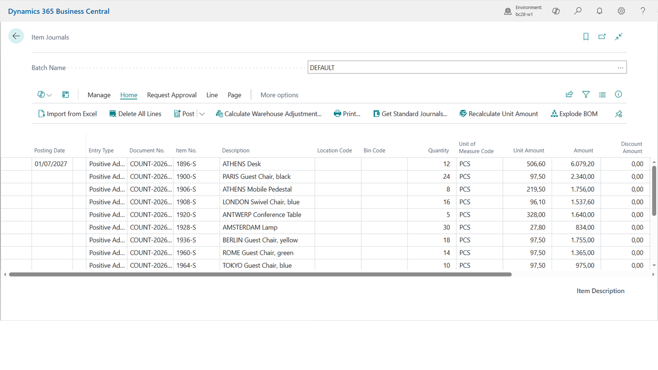 Journal lines created from the Excel file: column headers match the field names.