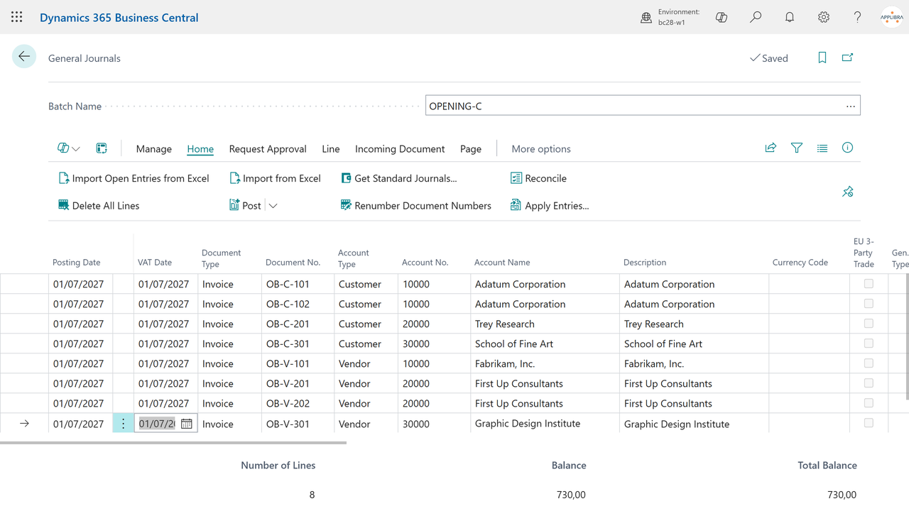 Import Open Entries from Excel on the general journal, grouped by document.
