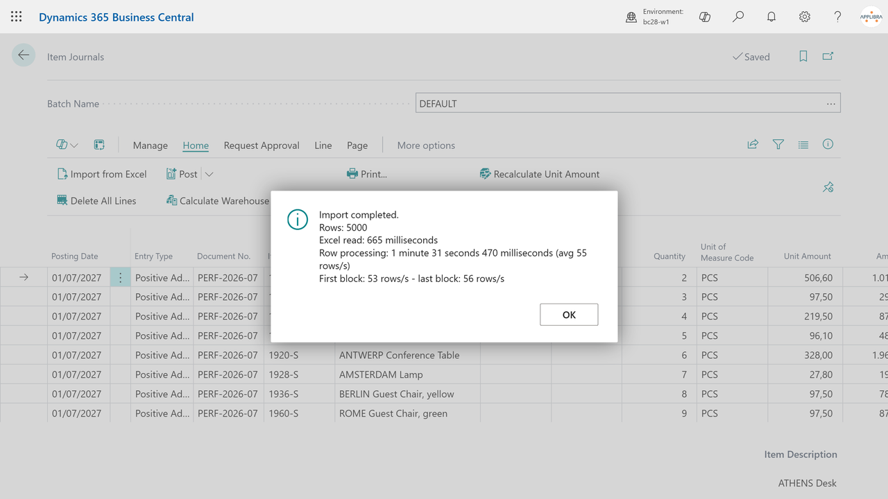 End-of-import statistics on a large file: rows, read time, rows per second.