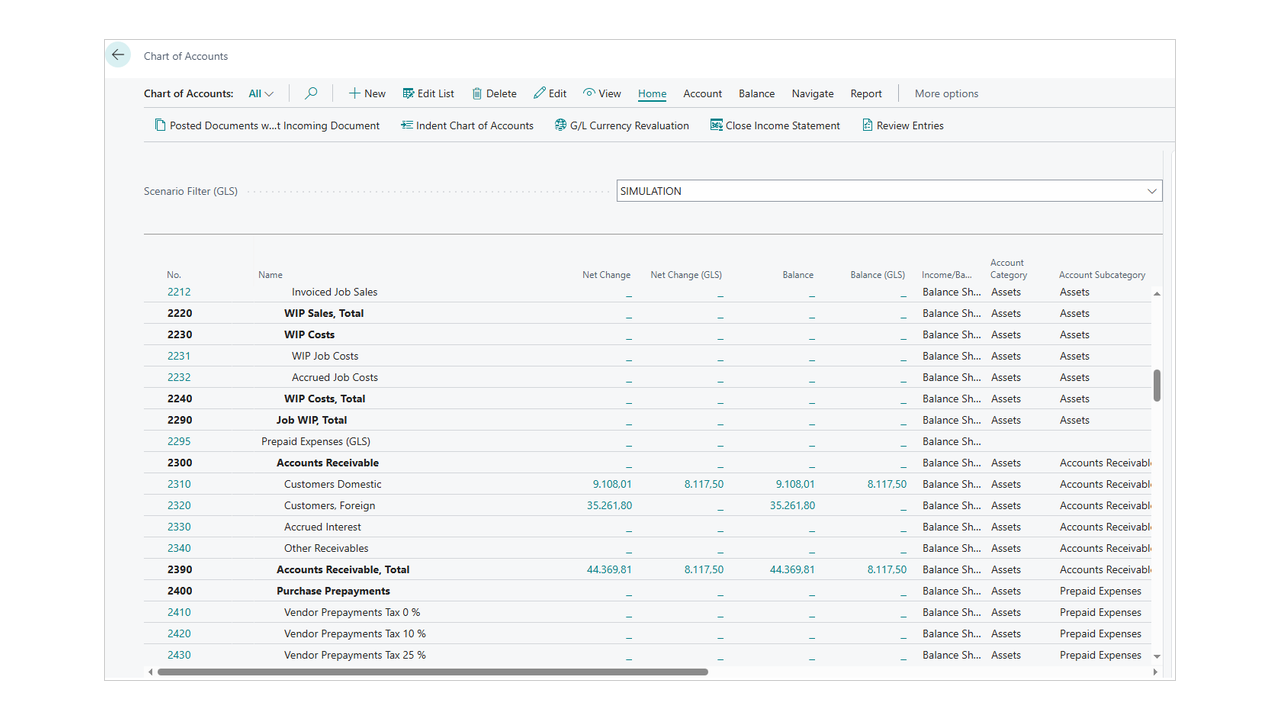 Chart of accounts with the Scenario Filter and the dual balance columns.