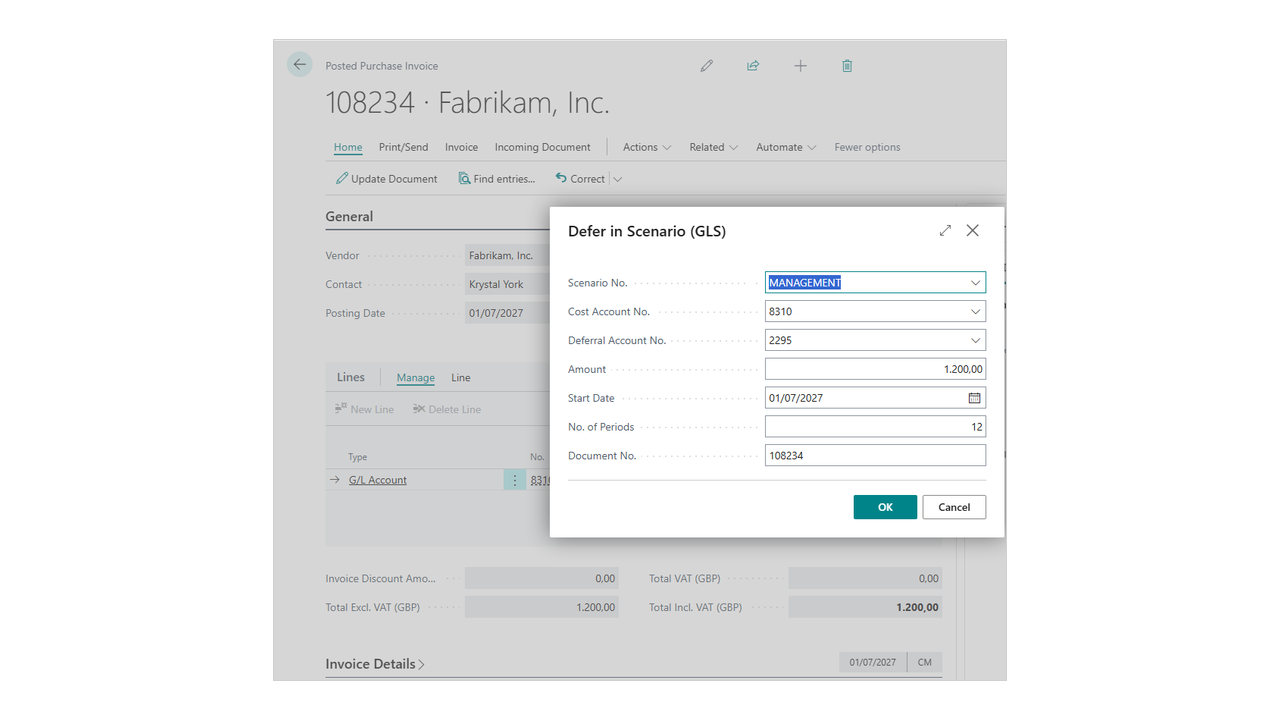 Defer in Scenario dialog prefilled from the posted invoice.