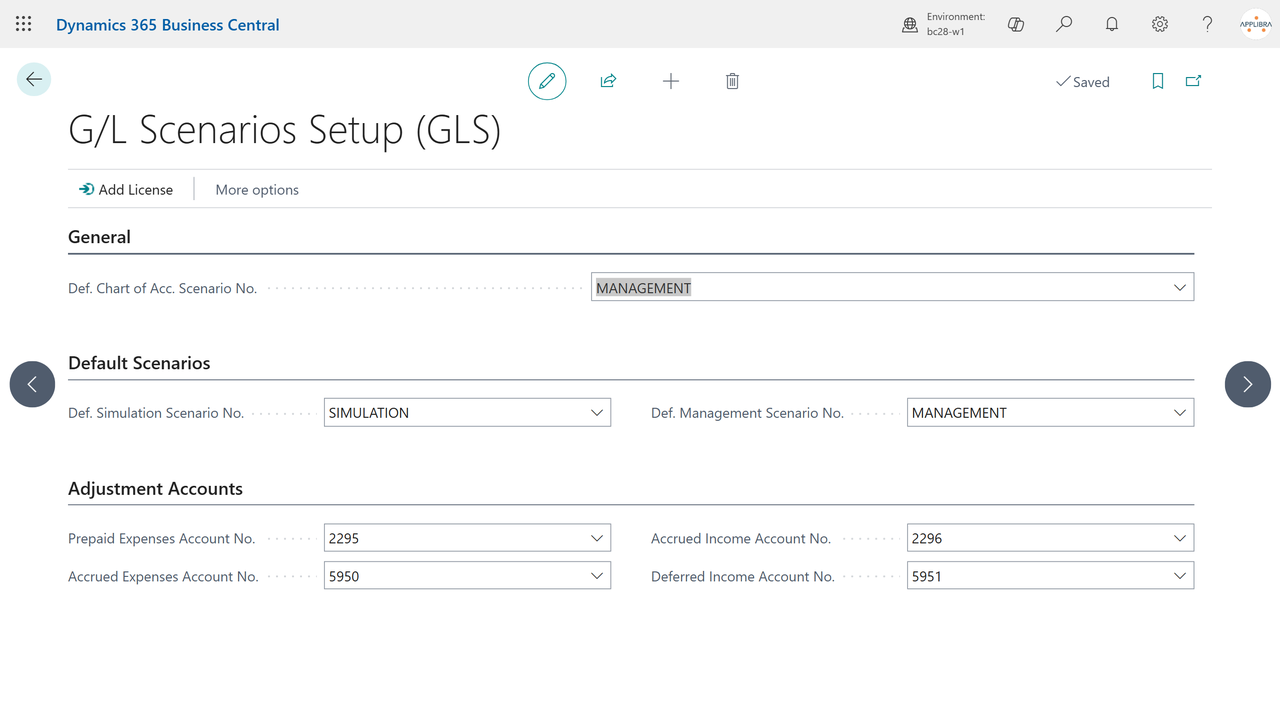 G/L Scenarios Setup with the default scenario and the deferral and accrual balancing accounts.