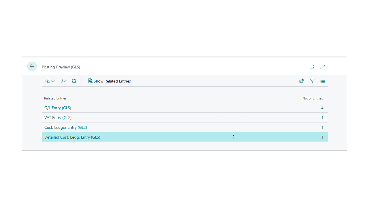 Posting Preview (GLS) showing the scenario G/L, VAT and customer entries.