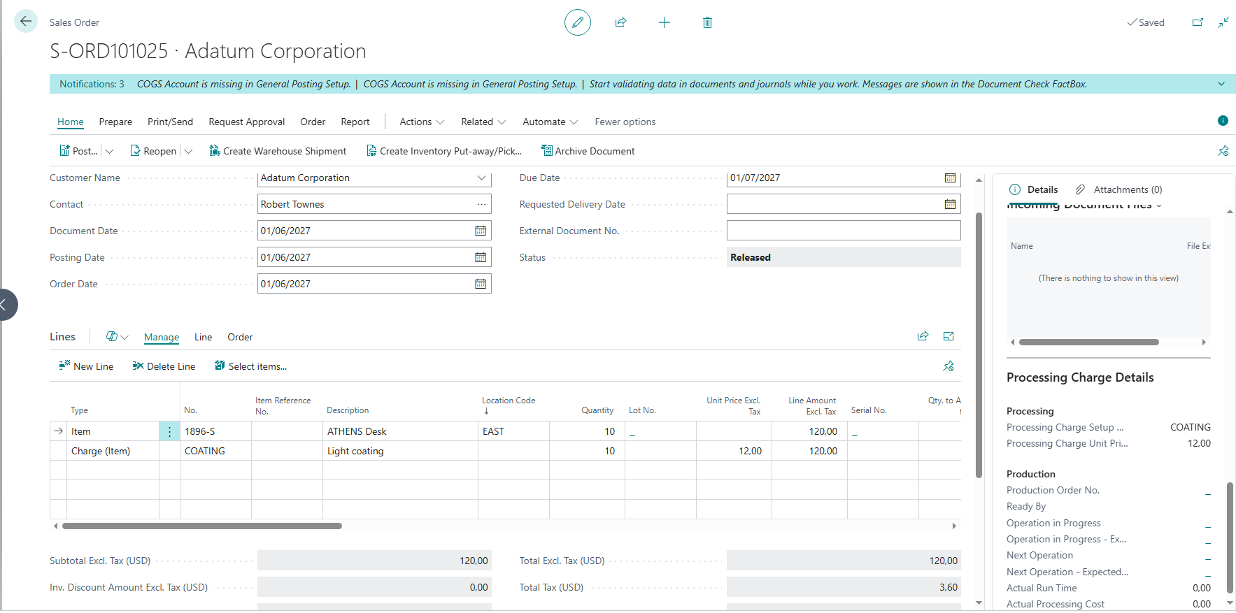 Sales order line with a processing charge