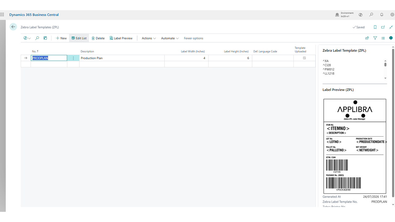 A ZPL template with its source and the online preview rendered from the raw template (tags shown as literal text).
