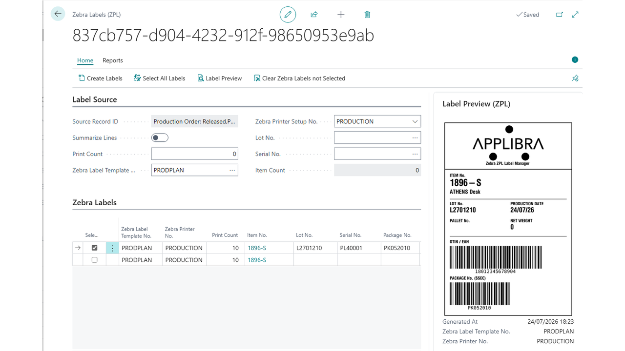 The Zebra Labels worksheet: one line per label, values reviewed and edited before printing.